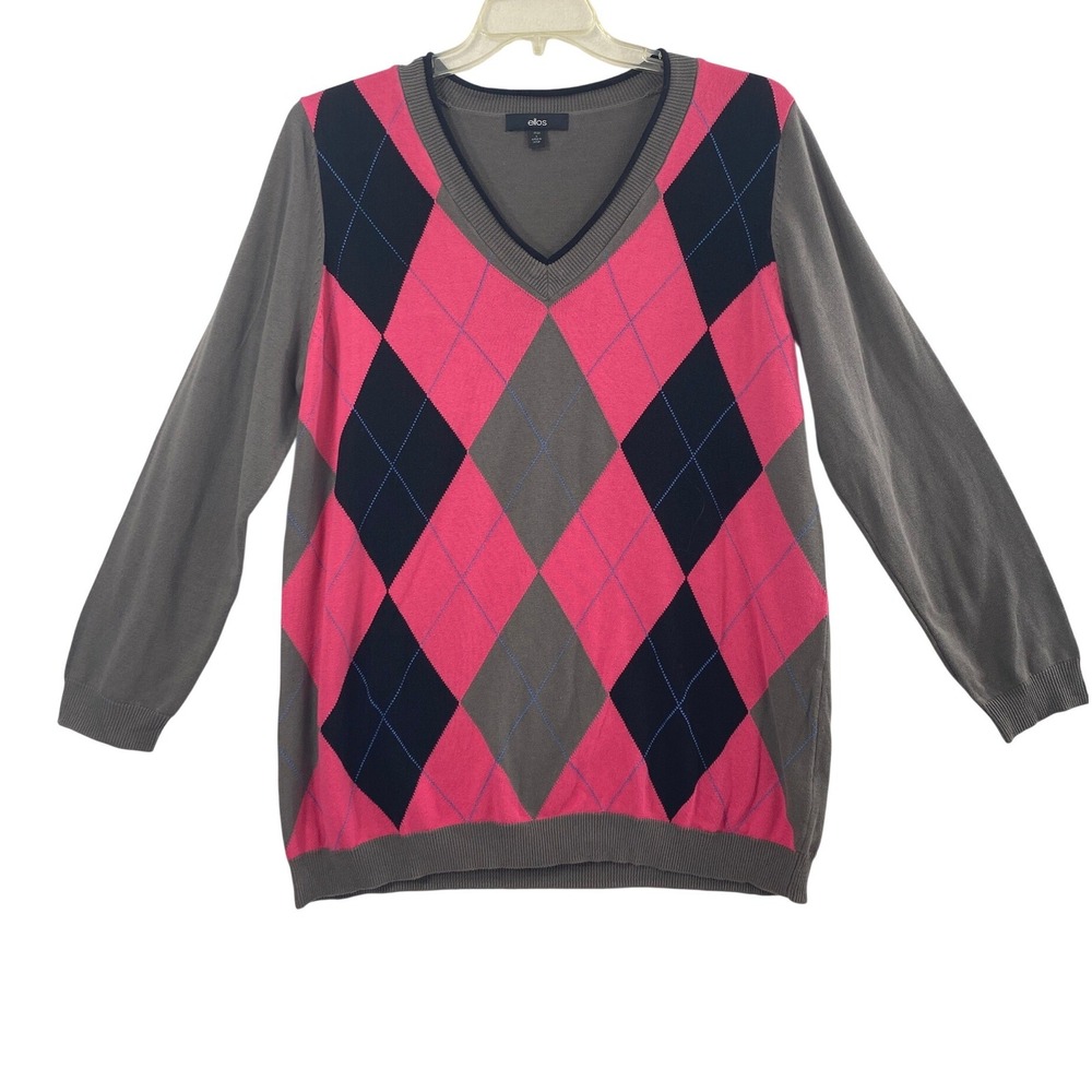 Ellos Argyle Sweater Womens Large Pink Grey Blue V Neck Preppy Academia Pullover